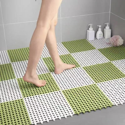 White And Green DIY Interlocking Non-Slip Floor Tiles - 18-Pack PVC Drainage Mat for Shower & Bathroom Safety V888-ELOSUNG36087