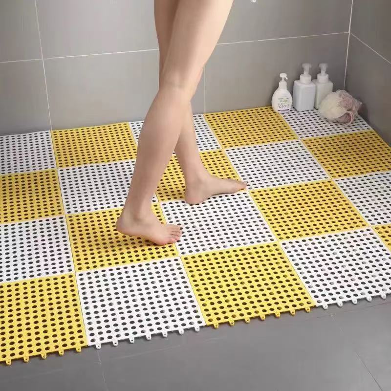 White And Yellow DIY Interlocking Non-Slip Floor Tiles - 18-Pack PVC Drainage Mat for Shower & Bathroom Safety V888-ELOSUNG36088