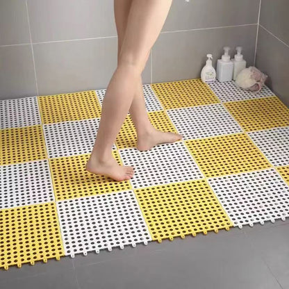 White And Yellow DIY Interlocking Non-Slip Floor Tiles - 18-Pack PVC Drainage Mat for Shower & Bathroom Safety V888-ELOSUNG36088