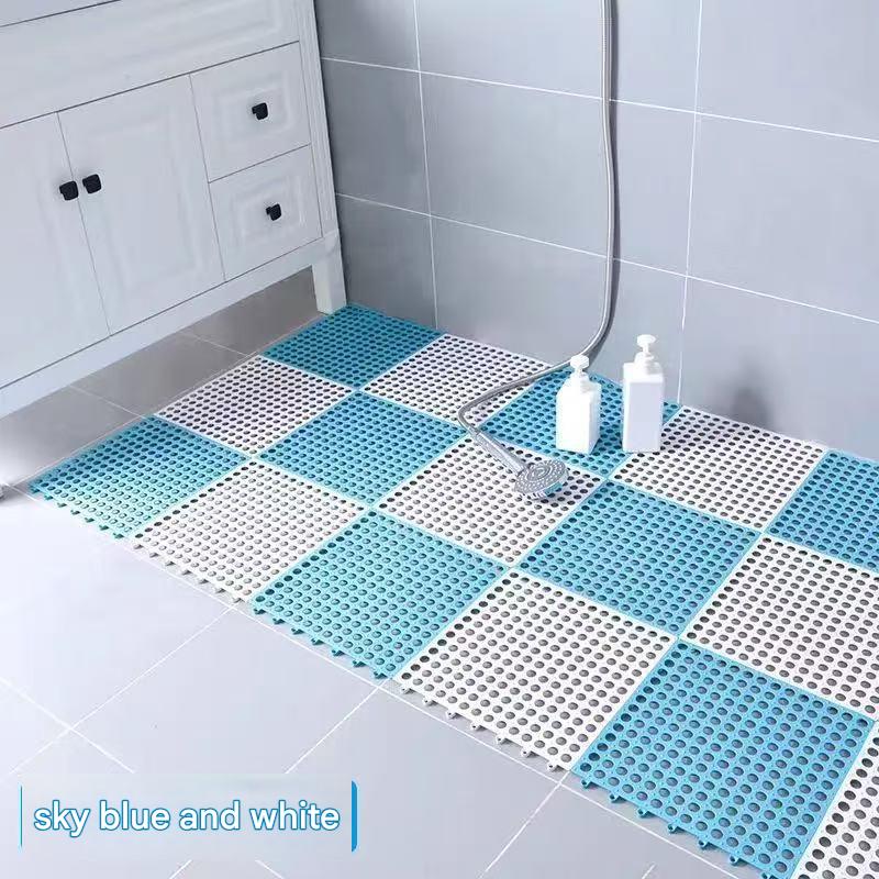 Sky Blue And White DIY Interlocking Non-Slip Floor Tiles - 18-Pack PVC Drainage Mat for Shower & Bathroom V888-ELOSUNG36089