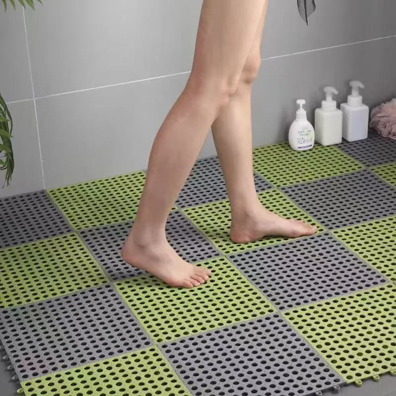 Grey And Green DIY Interlocking Non-Slip Floor Tiles - 18-Pack PVC Drainage Mat for Shower & Bathroom Safety V888-ELOSUNG36090