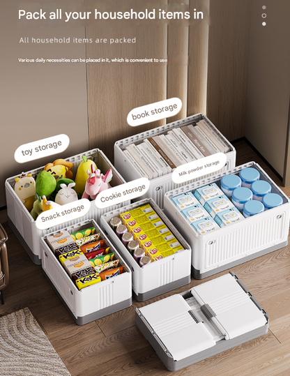 Size L Grey Collapsible Storage Box with Wheels and Telescopic Handle - Stackable Folding Crate for Car & Home V888-ELOSUNG36123