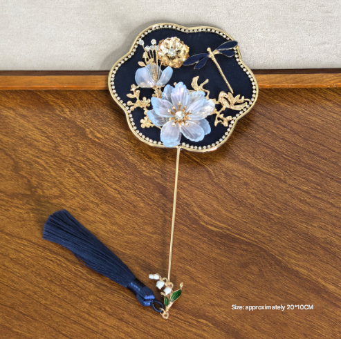 Dark Blue Exquisite Chinese Palace Style Mini Fan - Handheld Decorative Prop with Tassel for Photoshoots V888-ELOSUNG36128