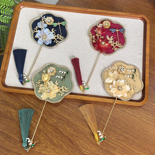 Dark Blue Exquisite Chinese Palace Style Mini Fan - Handheld Decorative Prop with Tassel for Photoshoots V888-ELOSUNG36128