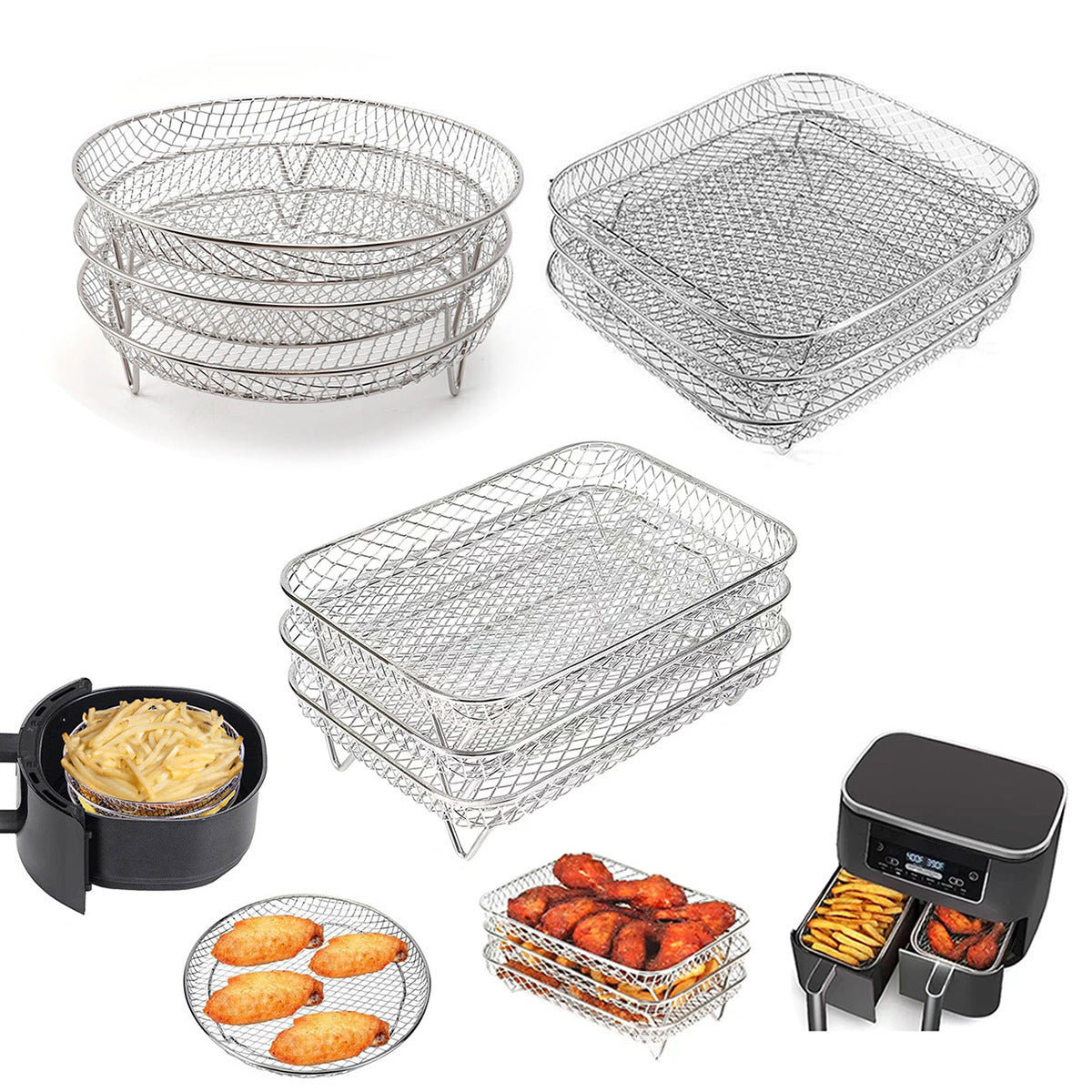 Silver 3-Pack Stackable Air fryer Racks - Food Grade Stainless Steel Multi-Layer Dehydrator & Crisper Tray V888-ELOSUNG36138