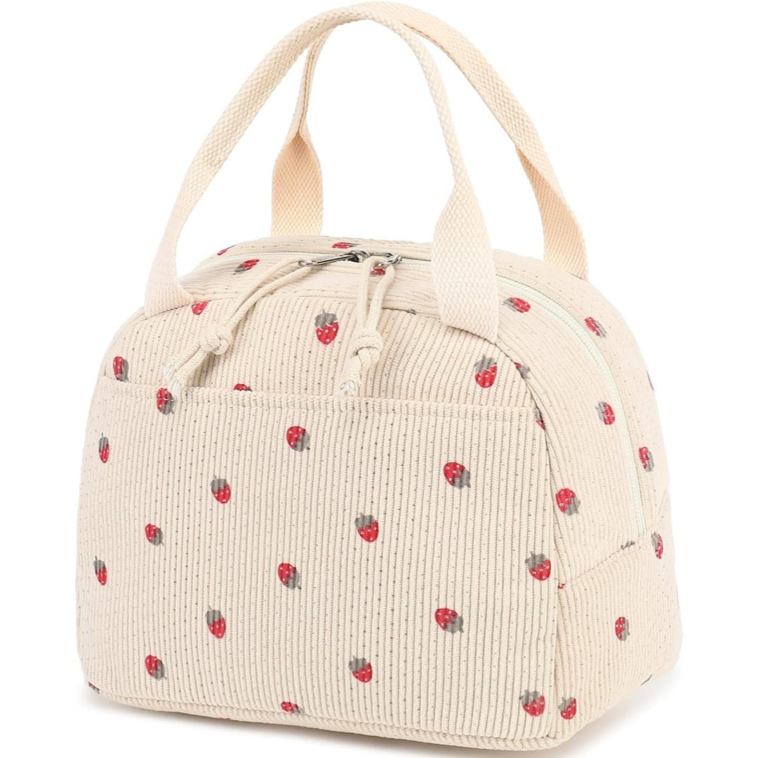 Beige Strawberry Pattern Corduroy Lunch Bag - Insulated Thermal Cooler Tote for School Work and Picnics V888-ELOSUNG36146