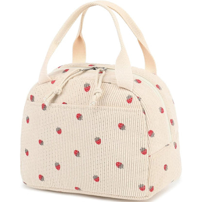 Beige Strawberry Pattern Corduroy Lunch Bag - Insulated Thermal Cooler Tote for School Work and Picnics V888-ELOSUNG36146