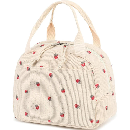 Beige Strawberry Pattern Corduroy Lunch Bag - Insulated Thermal Cooler Tote for School Work and Picnics V888-ELOSUNG36146