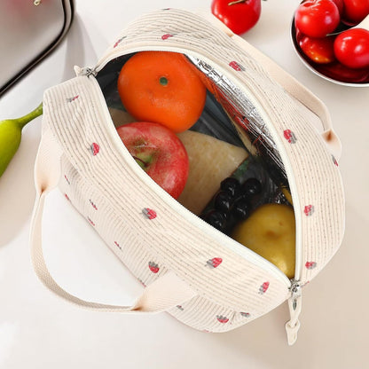 Green Strawberry Pattern Corduroy Lunch Bag - Insulated Thermal Cooler Tote for School Work and Picnics V888-ELOSUNG36147