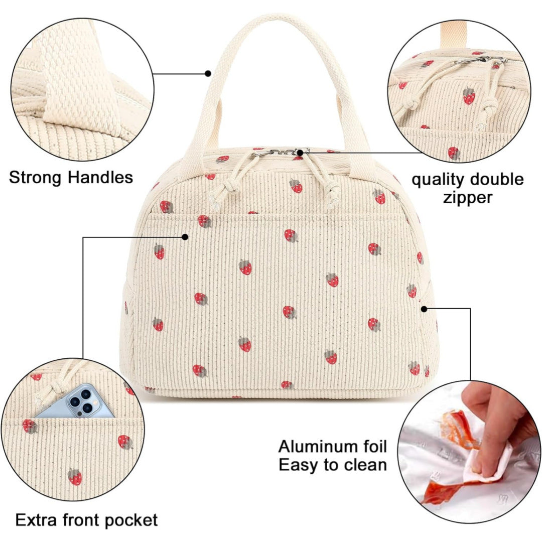Green Strawberry Pattern Corduroy Lunch Bag - Insulated Thermal Cooler Tote for School Work and Picnics V888-ELOSUNG36147