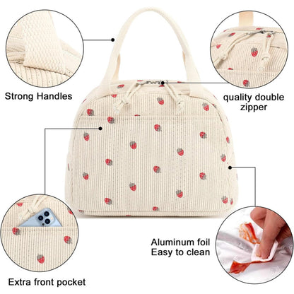 Green Strawberry Pattern Corduroy Lunch Bag - Insulated Thermal Cooler Tote for School Work and Picnics V888-ELOSUNG36147