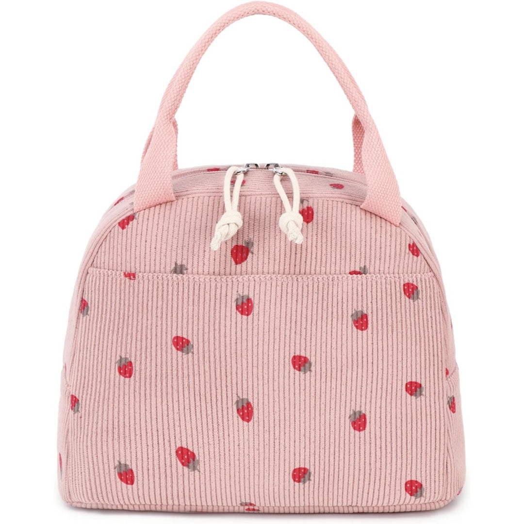 Pink Strawberry Pattern Corduroy Lunch Bag - Insulated Thermal Cooler Tote for School Work and Picnics V888-ELOSUNG36148