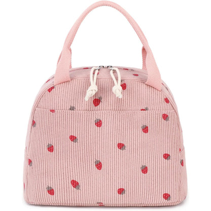 Pink Strawberry Pattern Corduroy Lunch Bag - Insulated Thermal Cooler Tote for School Work and Picnics V888-ELOSUNG36148
