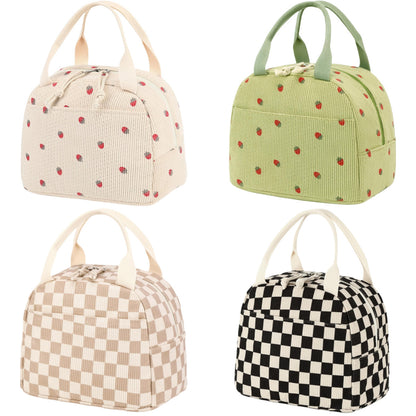 Pink Strawberry Pattern Corduroy Lunch Bag - Insulated Thermal Cooler Tote for School Work and Picnics V888-ELOSUNG36148