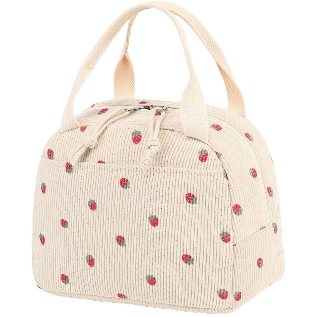 Pink Strawberry Pattern Corduroy Lunch Bag - Insulated Thermal Cooler Tote for School Work and Picnics V888-ELOSUNG36148