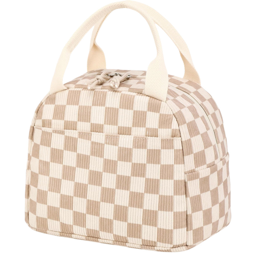 Beige Checkered Pattern Corduroy Lunch Bag - Insulated Thermal Cooler Tote for School Work and Picnics V888-ELOSUNG36149