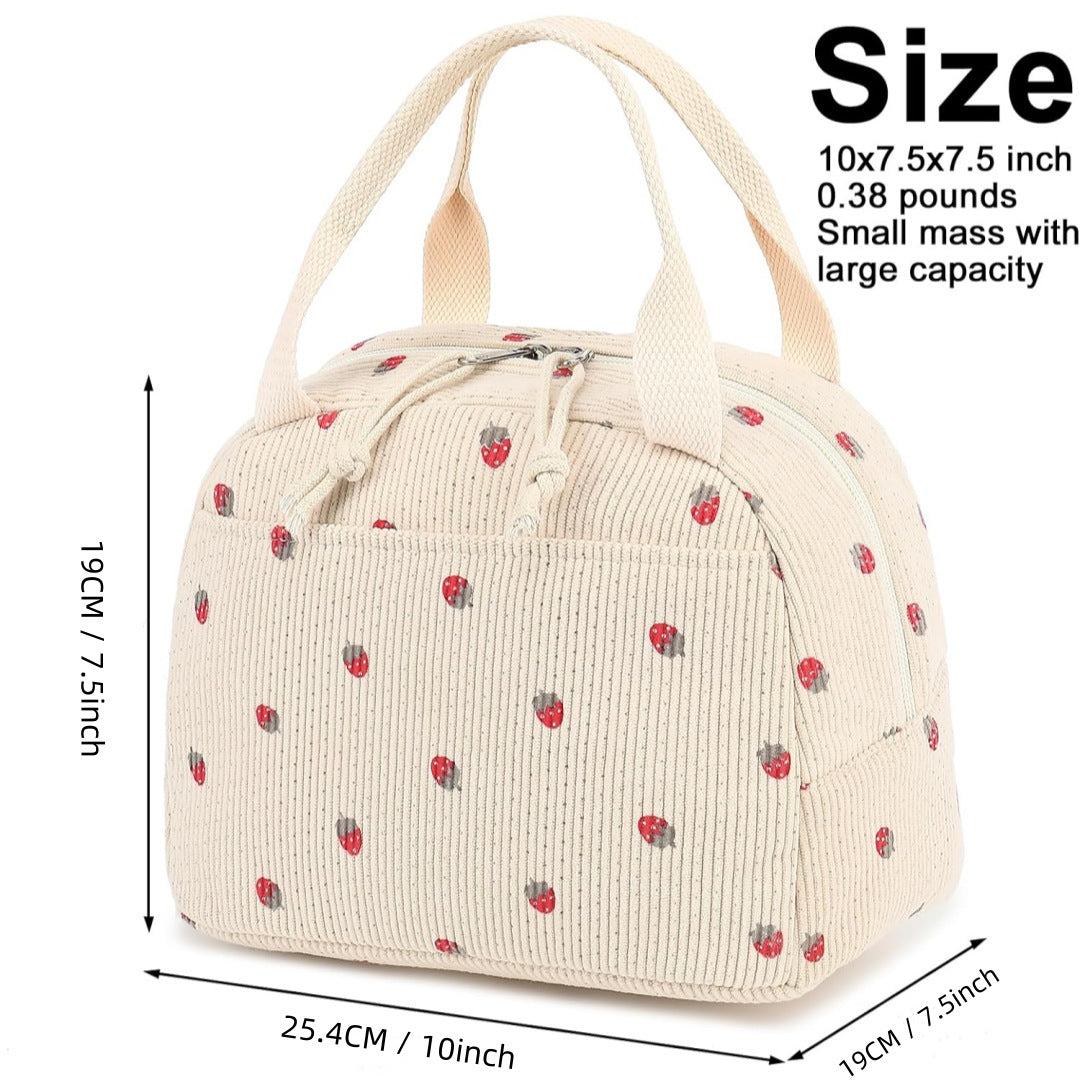 Beige Checkered Pattern Corduroy Lunch Bag - Insulated Thermal Cooler Tote for School Work and Picnics V888-ELOSUNG36149