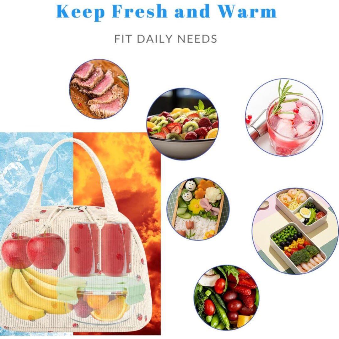 Beige Checkered Pattern Corduroy Lunch Bag - Insulated Thermal Cooler Tote for School Work and Picnics V888-ELOSUNG36149