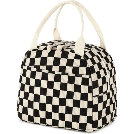 Black and White Checkered Pattern Corduroy Lunch Bag - Insulated Thermal Cooler Tote for School Work and V888-ELOSUNG36150
