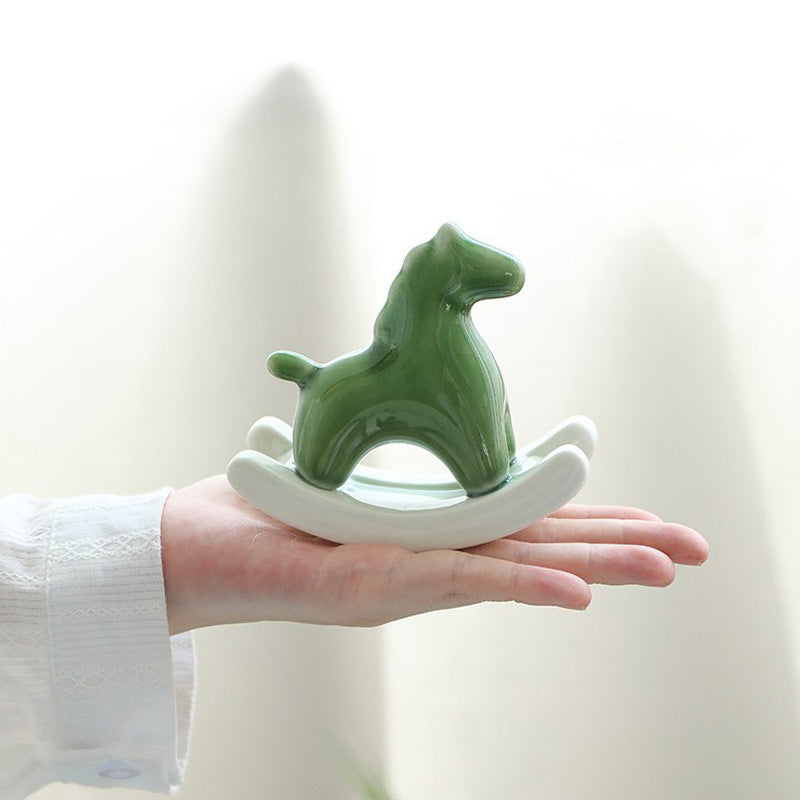 Green Modern Ceramic Rocking Horse Ornament - Cute Porcelain Figurine for Desk & Shelf Decor V888-ELOSUNG36156
