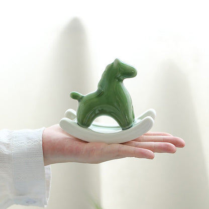 Green Modern Ceramic Rocking Horse Ornament - Cute Porcelain Figurine for Desk & Shelf Decor V888-ELOSUNG36156