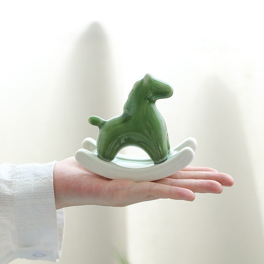Green Modern Ceramic Rocking Horse Ornament - Cute Porcelain Figurine for Desk & Shelf Decor V888-ELOSUNG36156