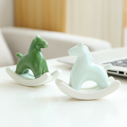 Green Modern Ceramic Rocking Horse Ornament - Cute Porcelain Figurine for Desk & Shelf Decor V888-ELOSUNG36156