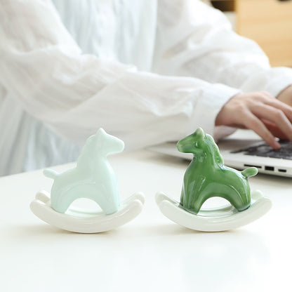 Light Green Modern Ceramic Rocking Horse Ornament - Cute Porcelain Figurine for Desk & Shelf Decor V888-ELOSUNG36157