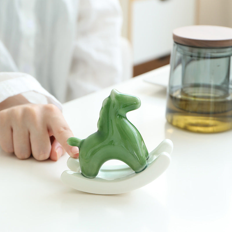 Light Green Modern Ceramic Rocking Horse Ornament - Cute Porcelain Figurine for Desk & Shelf Decor V888-ELOSUNG36157
