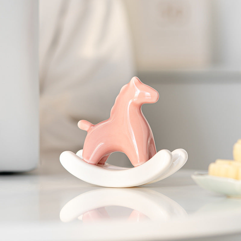 Pink Modern Ceramic Rocking Horse Ornament - Cute Porcelain Figurine for Desk & Shelf Decor V888-ELOSUNG36158