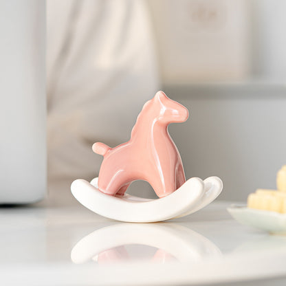 Pink Modern Ceramic Rocking Horse Ornament - Cute Porcelain Figurine for Desk & Shelf Decor V888-ELOSUNG36158