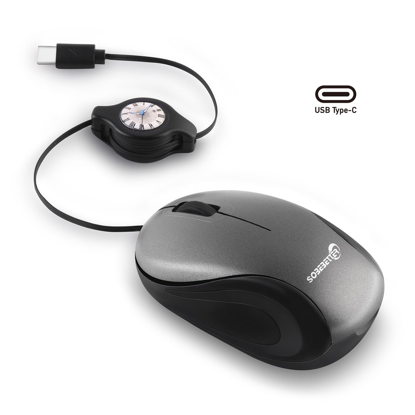 Grey and Black Portable Mini USB-C Mouse with Retractable Cable - Silent Click Travel Mouse for Laptop, V888-ELOSUNG36160
