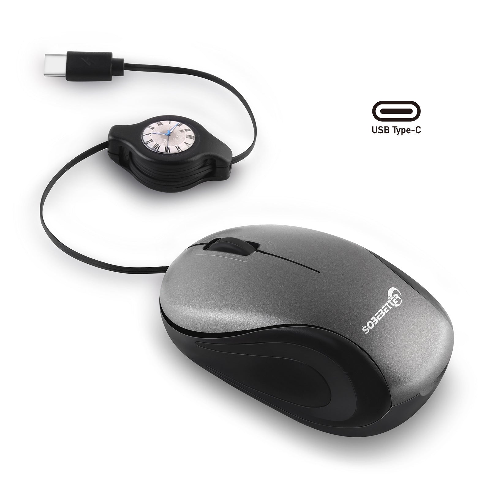 Grey and Black Portable Mini USB-C Mouse with Retractable Cable - Silent Click Travel Mouse for Laptop, V888-ELOSUNG36160