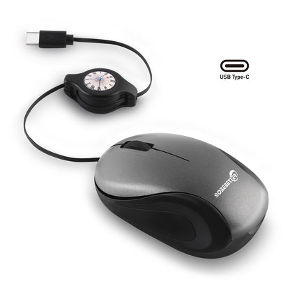 Grey and Black Portable Mini USB-C Mouse with Retractable Cable - Silent Click Travel Mouse for Laptop, V888-ELOSUNG36160