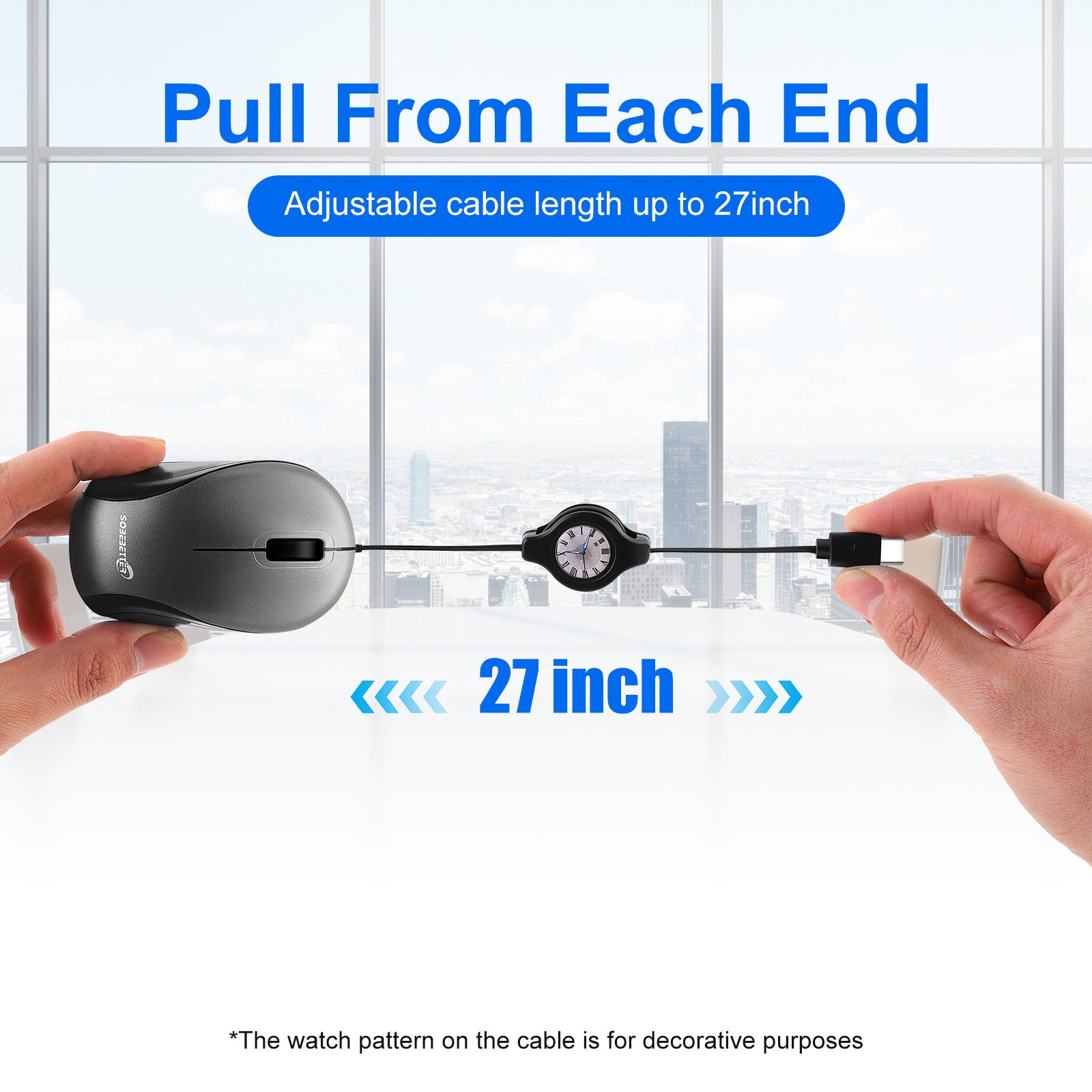 Grey and Black Portable Mini USB-C Mouse with Retractable Cable - Silent Click Travel Mouse for Laptop, V888-ELOSUNG36160