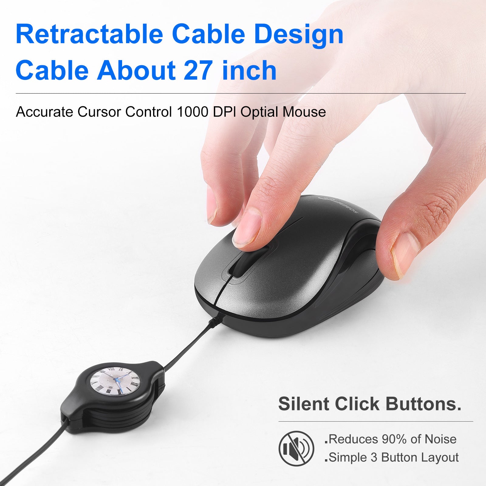 Grey and Black Portable Mini USB-C Mouse with Retractable Cable - Silent Click Travel Mouse for Laptop, V888-ELOSUNG36160