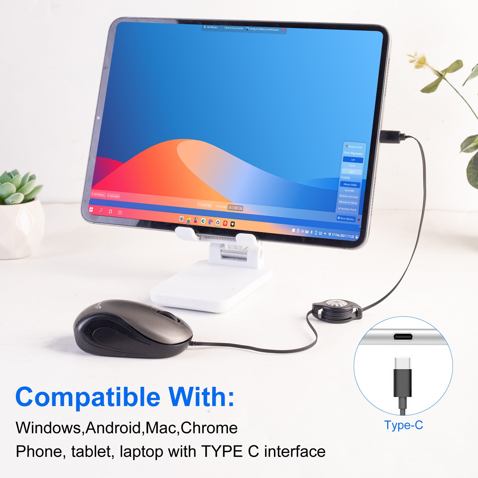 Grey and Black Portable Mini USB-C Mouse with Retractable Cable - Silent Click Travel Mouse for Laptop, V888-ELOSUNG36160