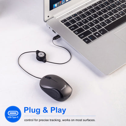 Grey and Black Portable Mini USB-C Mouse with Retractable Cable - Silent Click Travel Mouse for Laptop, V888-ELOSUNG36160