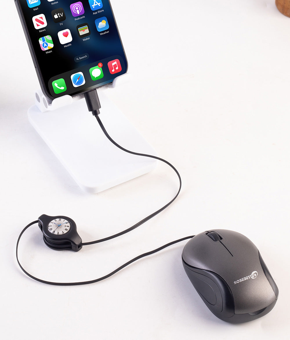 Grey and Black Portable Mini USB-C Mouse with Retractable Cable - Silent Click Travel Mouse for Laptop, V888-ELOSUNG36160