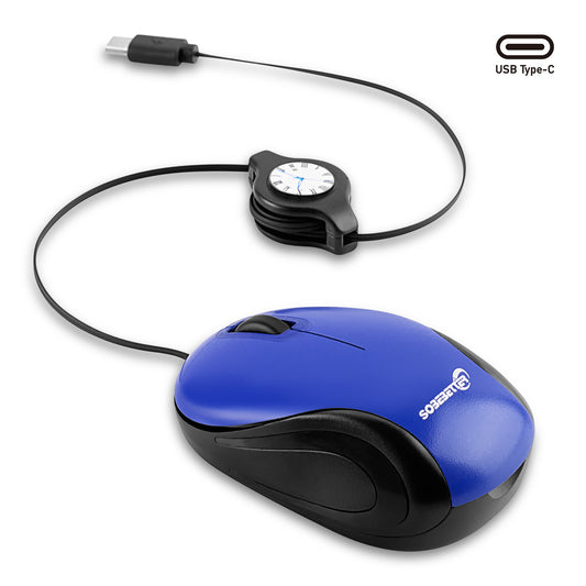Blue and Black Portable Mini USB-C Mouse with Retractable Cable - Silent Click Travel Mouse for Laptop, V888-ELOSUNG36161