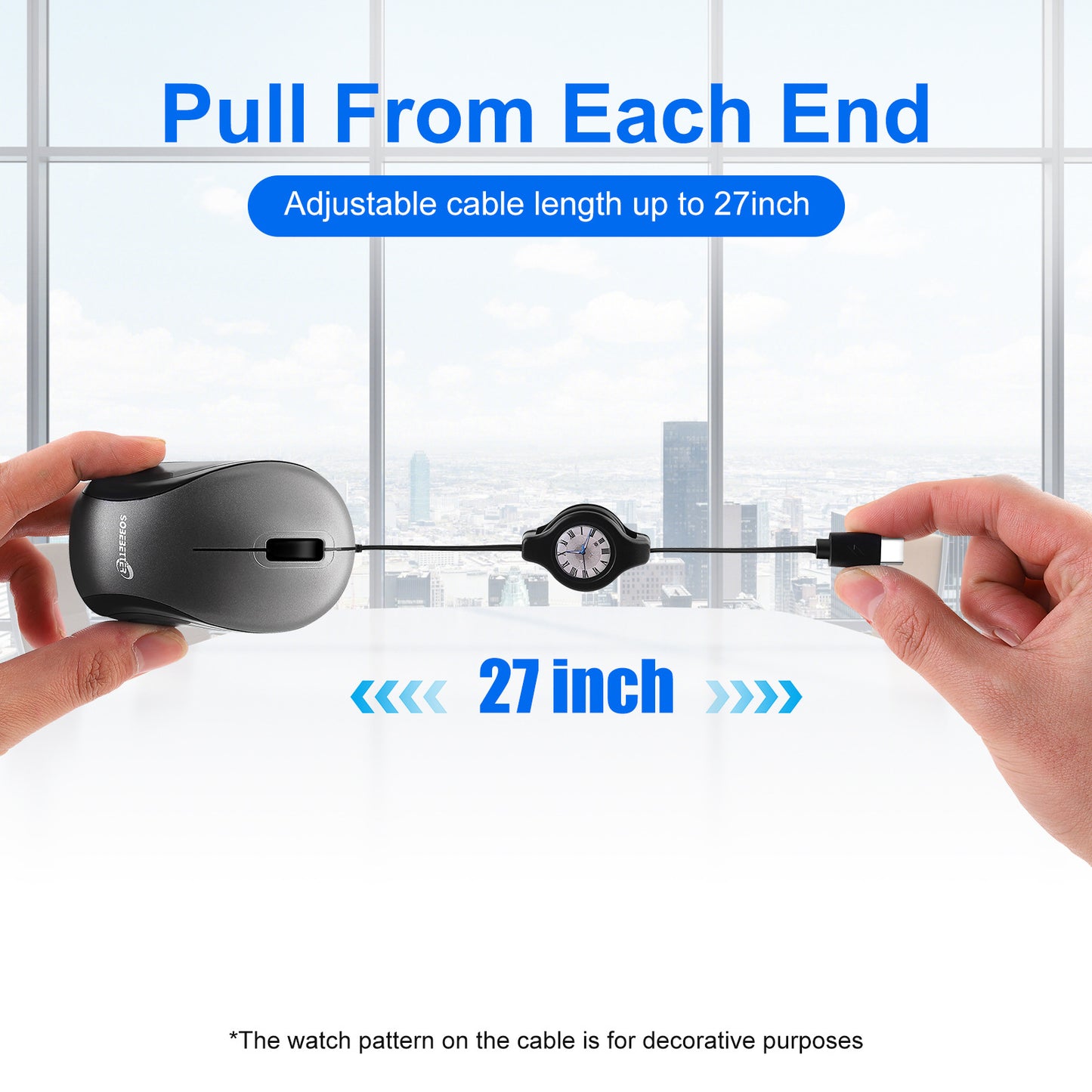 Blue and Black Portable Mini USB-C Mouse with Retractable Cable - Silent Click Travel Mouse for Laptop, V888-ELOSUNG36161