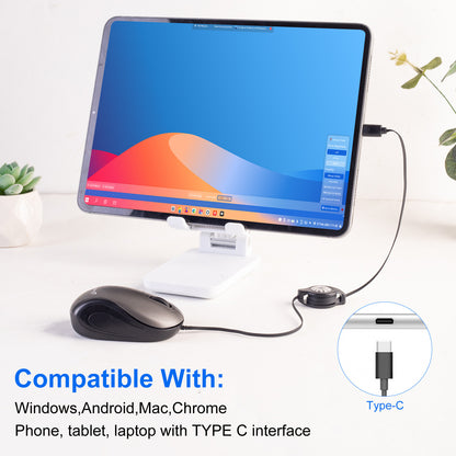 Blue and Black Portable Mini USB-C Mouse with Retractable Cable - Silent Click Travel Mouse for Laptop, V888-ELOSUNG36161