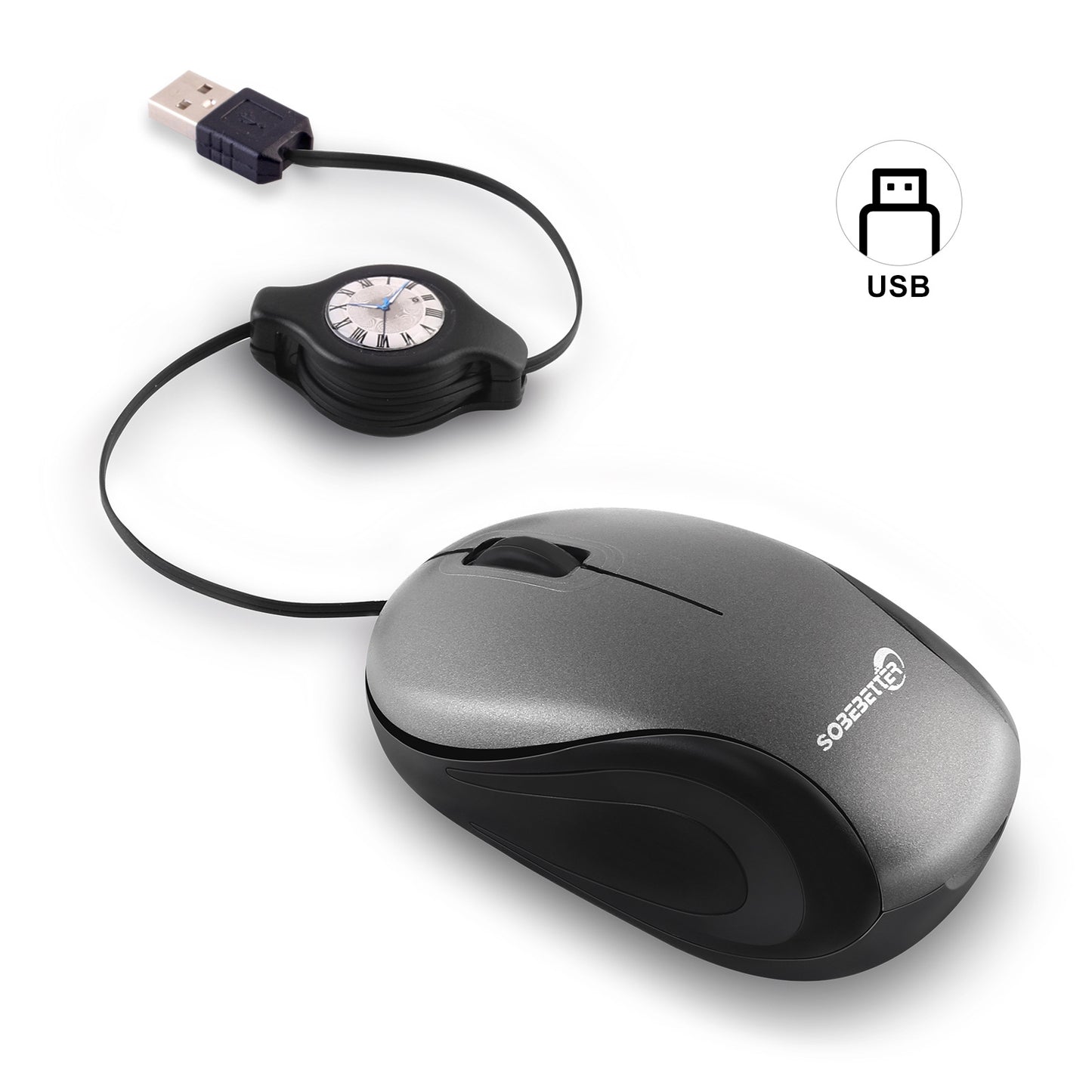 Grey and Black Portable Mini USB Mouse with Retractable Cable - Compact Travel Mouse for PC and Laptop V888-ELOSUNG36162