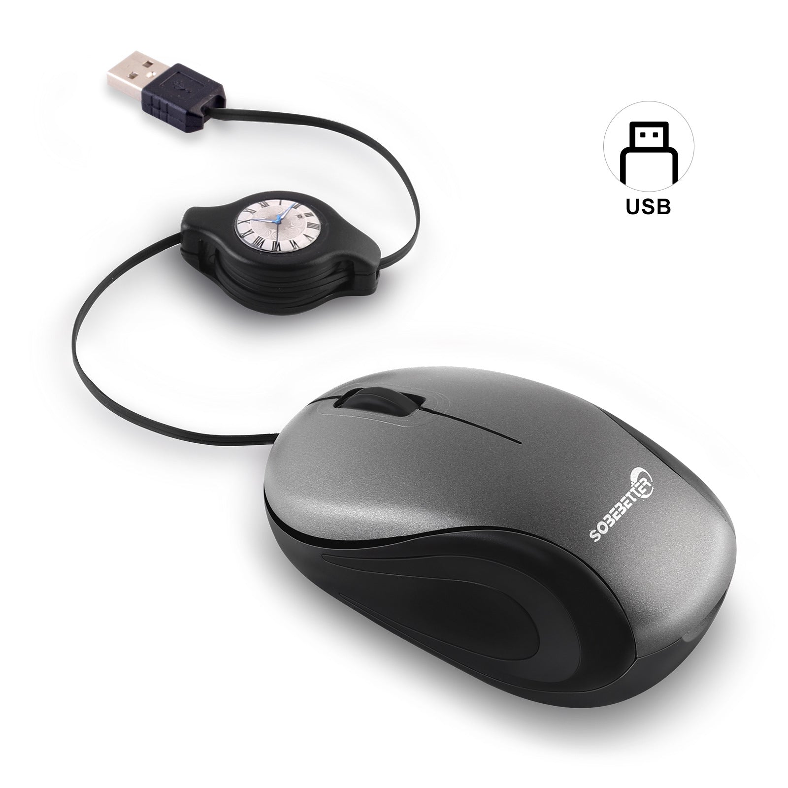 Grey and Black Portable Mini USB Mouse with Retractable Cable - Compact Travel Mouse for PC and Laptop V888-ELOSUNG36162