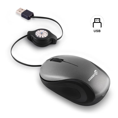 Grey and Black Portable Mini USB Mouse with Retractable Cable - Compact Travel Mouse for PC and Laptop V888-ELOSUNG36162