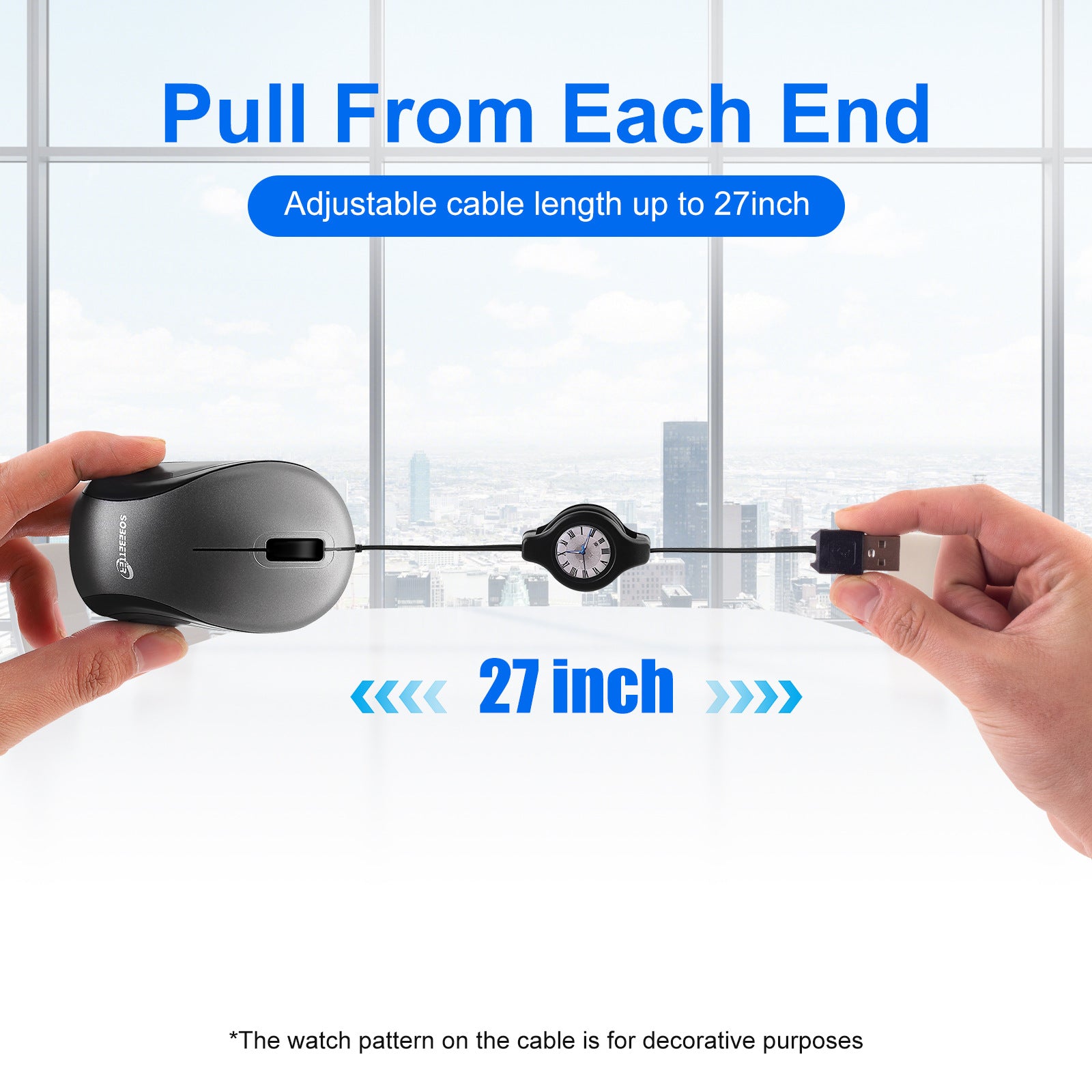 Grey and Black Portable Mini USB Mouse with Retractable Cable - Compact Travel Mouse for PC and Laptop V888-ELOSUNG36162