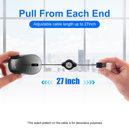 Grey and Black Portable Mini USB Mouse with Retractable Cable - Compact Travel Mouse for PC and Laptop V888-ELOSUNG36162