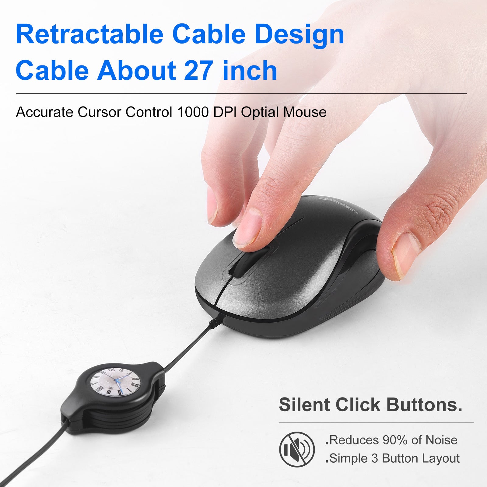 Grey and Black Portable Mini USB Mouse with Retractable Cable - Compact Travel Mouse for PC and Laptop V888-ELOSUNG36162