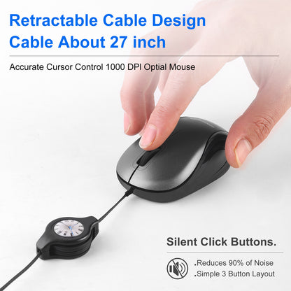 Grey and Black Portable Mini USB Mouse with Retractable Cable - Compact Travel Mouse for PC and Laptop V888-ELOSUNG36162
