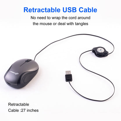 Grey and Black Portable Mini USB Mouse with Retractable Cable - Compact Travel Mouse for PC and Laptop V888-ELOSUNG36162